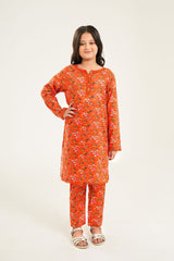 Blossom Joy - Girls Printed Kurti Set in Bright Orange