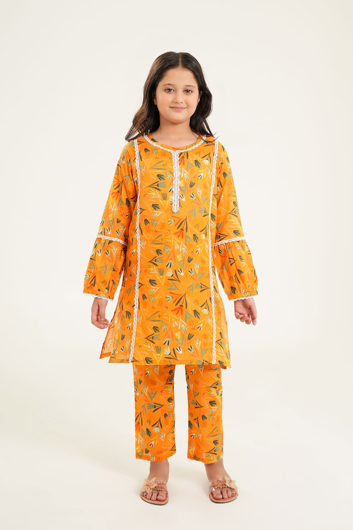 "Sunburst Bloom - Girls Mustard Printed Kurti Set"