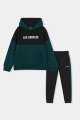 Los Angeles Colorblock Hoodie & Jogger Set – Teal & Black Drop Shoulder