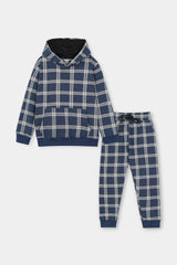 Boys Navy Blue Plaid Hoodie & Jogger Set