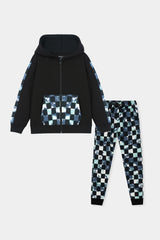 Stylish Black Hoodie and Jogger Set with Blue Checkered Accents For Boys