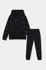 Cozy Floral Black Hoodie and Jogger Set Drop Shoulder