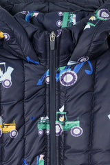 Children’s Quilted Puffer Jacket with Tractor Print and Hood