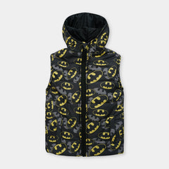 Kids Premium Quality All-Over Batman Printed Sleeveless Puffer Zipper Hoodie Jacket