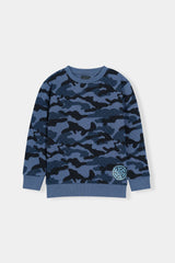 Blue Camo Quilted Crewneck Sweatshirt For Boys