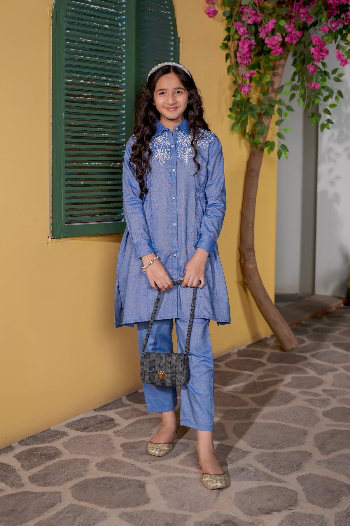 Elegant Blue Embroidered Girls Kurta Trouser Set