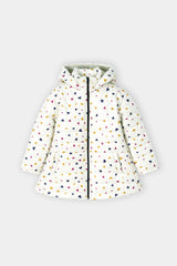 Girls’ Winter Puffer Jacket – White Quilted jacket with Multicolor Heart Print