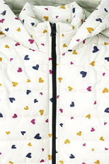 Girls’ Winter Puffer Jacket – White Quilted jacket with Multicolor Heart Print