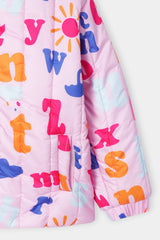 Girls Alphabet Print Hooded Puffer Jacket – Pink Multicolor