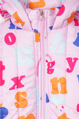 Girls Alphabet Print Hooded Puffer Jacket – Pink Multicolor