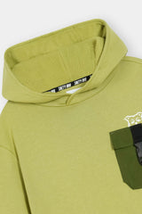 Light Green Hoodie with Contrast Buckle Pocket and Owl Print