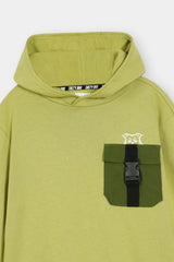 Light Green Hoodie with Contrast Buckle Pocket and Owl Print