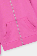 Bright Pink Full-Zip Hoodie with Kangaroo Pockets For girls