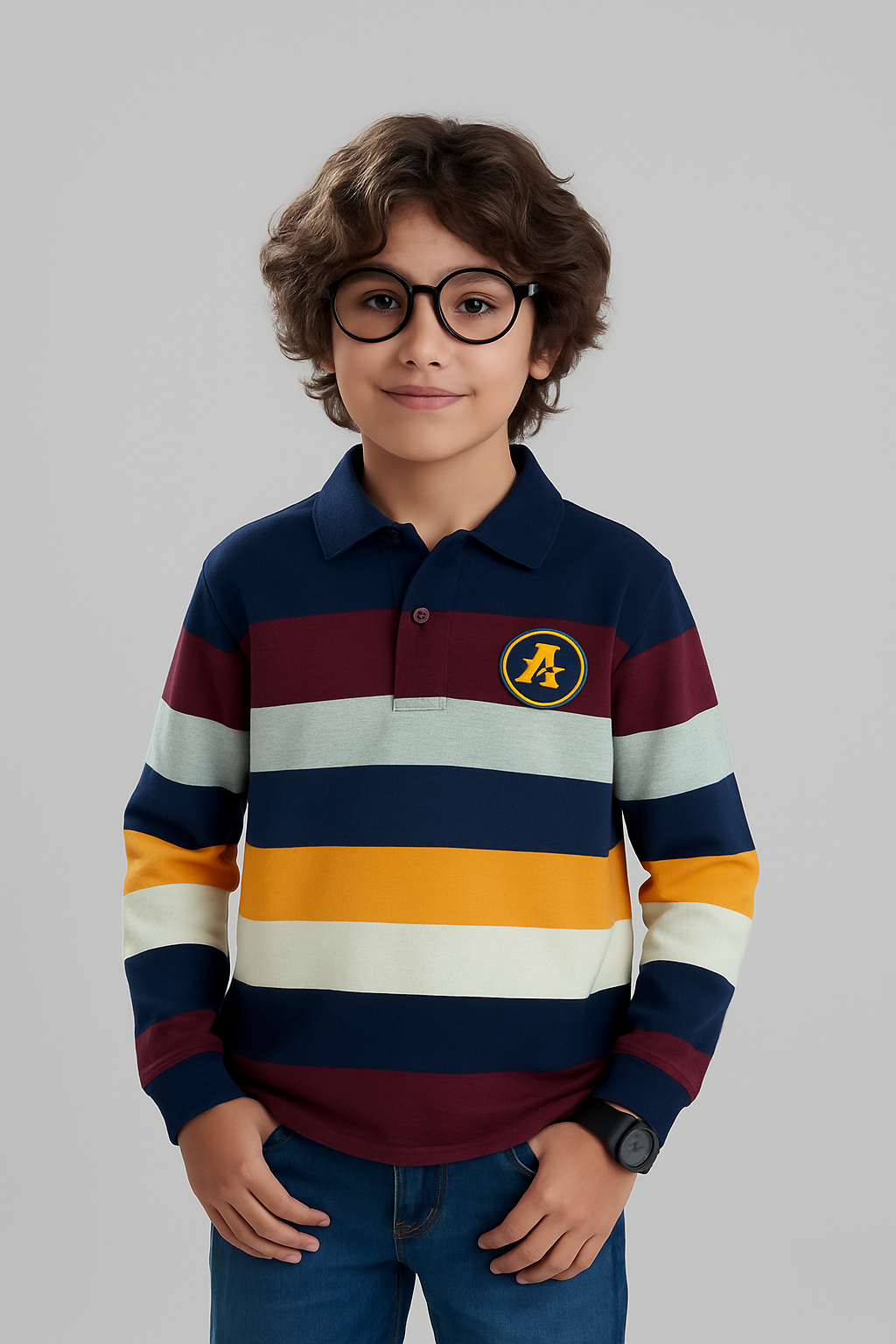 Striped Polo Tee with Bold 'A' Emblem