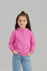 Bright Pink Full-Zip Hoodie with Kangaroo Pockets For girls