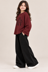 Girls Burgundy M EON MT Printed Oversized Sweatshirt & Black Wide-Leg Trouser Set