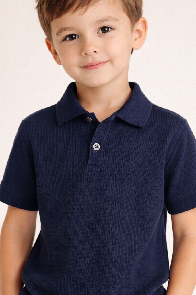 Kids Navy Blue Textured Polo Shirt With shorts