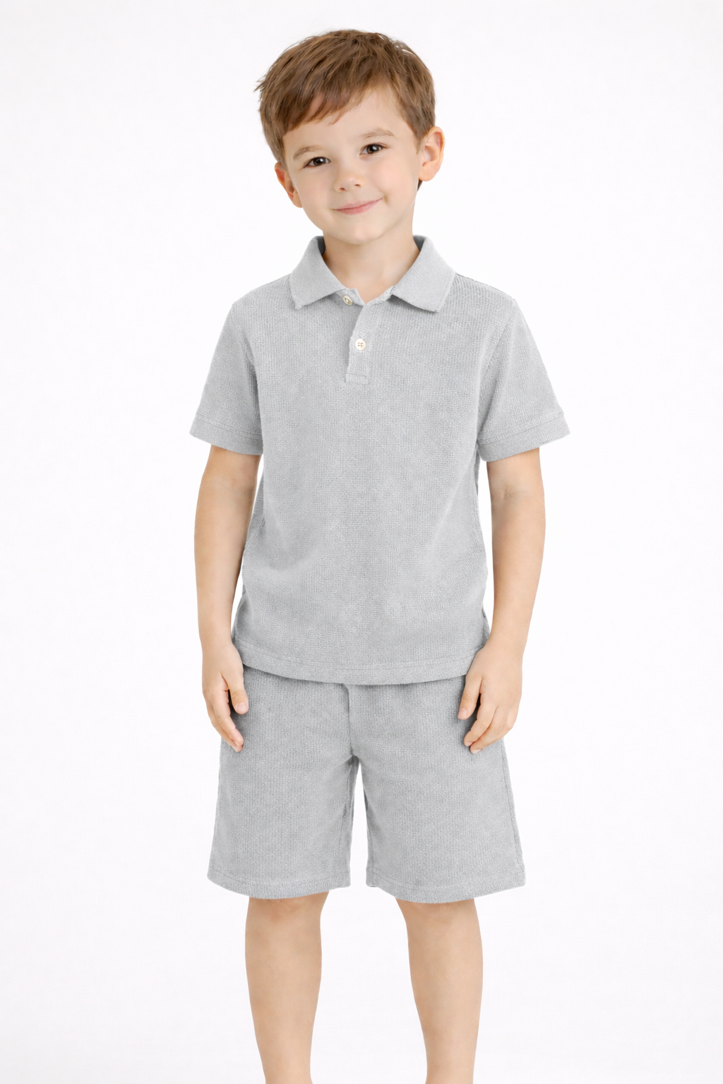 Light Grey Textured Polo and Shorts Set
