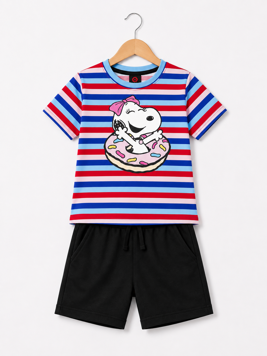Snoopy Printed Striped T-Shirt with Black Jersey Shorts Set for Kids