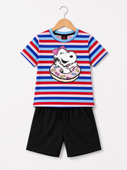 Snoopy Printed Striped T-Shirt with Black Jersey Shorts Set for Kids