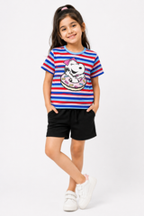 Snoopy Printed Striped T-Shirt with Black Jersey Shorts Set for Kids