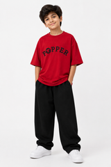 Boys Red Popper Oversized T-Shirt with Black Wide-Leg Pants