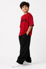Boys Red Popper Oversized T-Shirt with Black Wide-Leg Pants