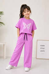 Girls’ Butterfly Oversized T-Shirt & Straight-Leg Trouser Set – Lavender