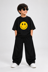 Smiley Face Black Drop-Shoulder T-Shirt &amp; Baggy Pants Set