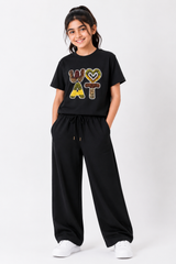 Girls Matte Black WOAT Graphic T-Shirt & Wide Leg Trouser
