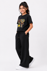 Girls Matte Black WOAT Graphic T-Shirt & Wide Leg Trouser