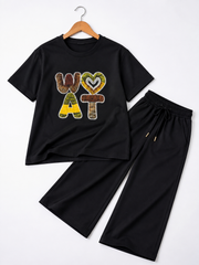 Girls Matte Black WOAT Graphic T-Shirt & Wide Leg Trouser