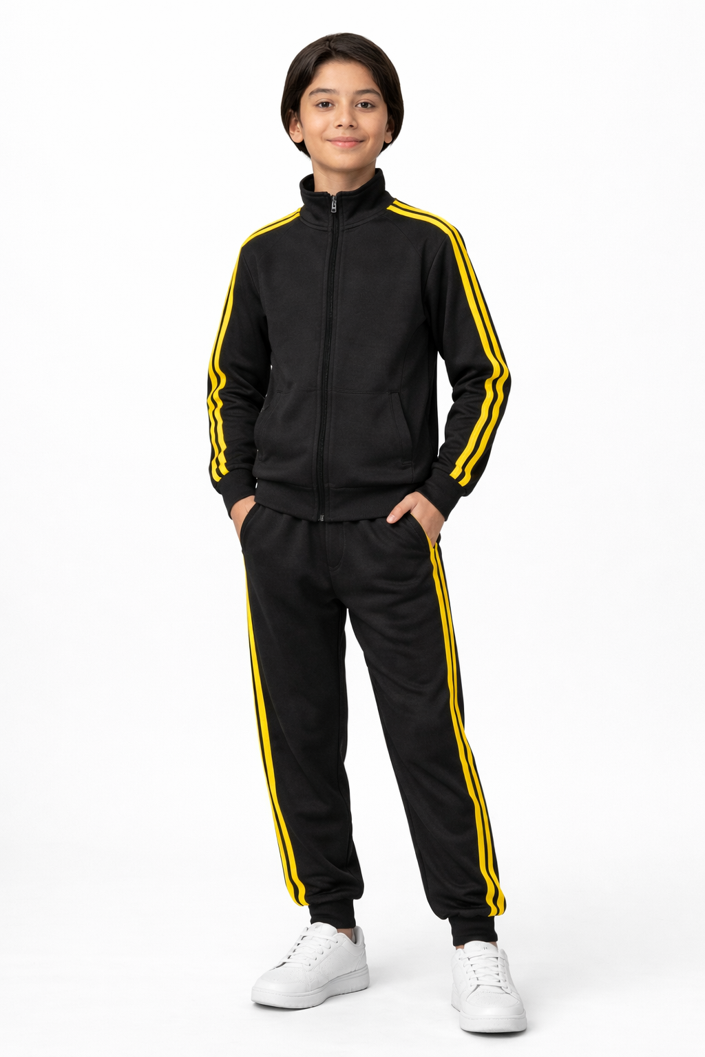 Kids Black Tracksuit with Yellow Side Stripes – Full Zip Sportswear Set
