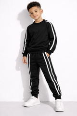 Kids Black Tracksuit Set with White Side Stripes – Full Sleeve Sweatshirt &amp; Joggers