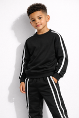 Kids Black Tracksuit Set with White Side Stripes – Full Sleeve Sweatshirt &amp; Joggers