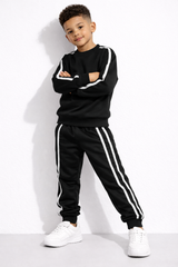 Kids Black Tracksuit Set with White Side Stripes – Full Sleeve Sweatshirt &amp; Joggers