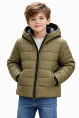 Kids Olive Green Hooded Puffer Jacket – Winter Wear