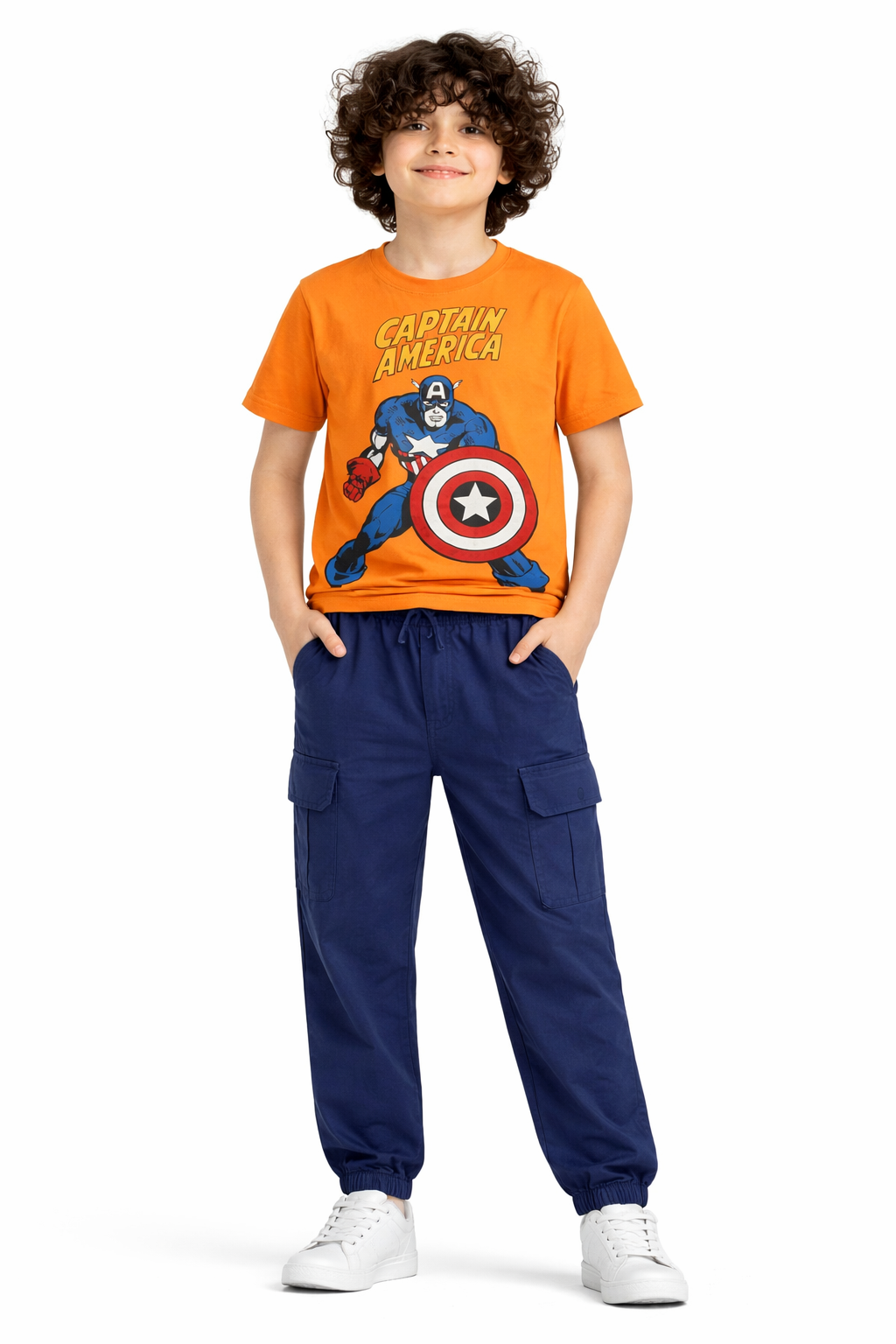 Captain America T Shirt with Navy Cargo Trouser