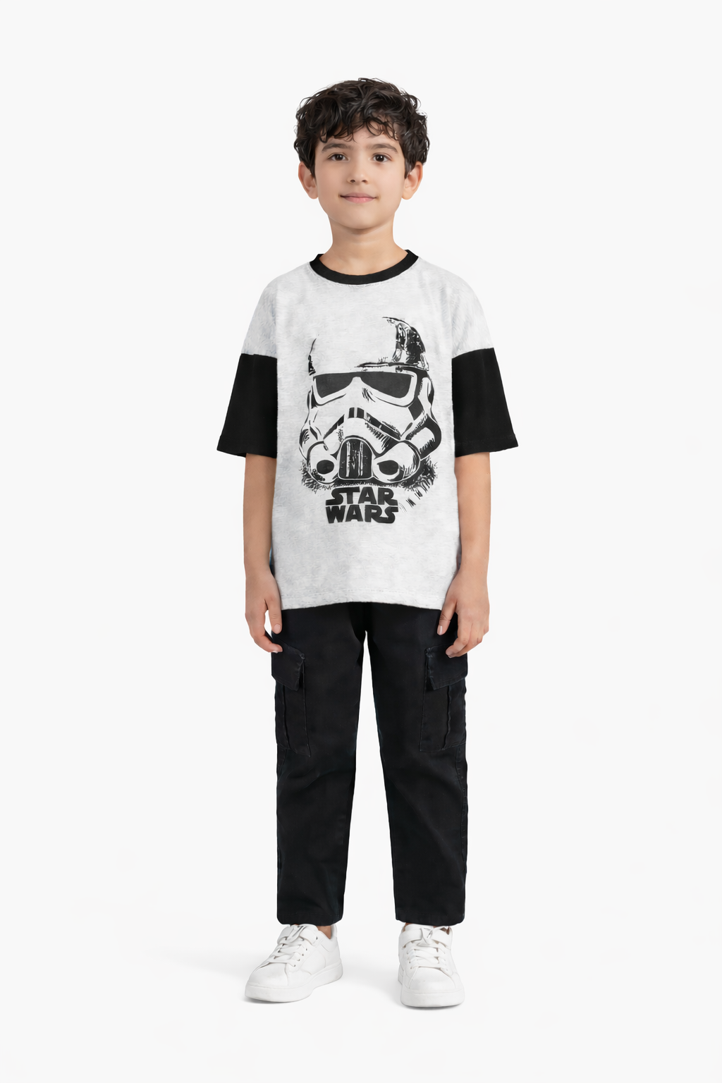 Contrast Printed T Shirt with Black Cargo Trouser