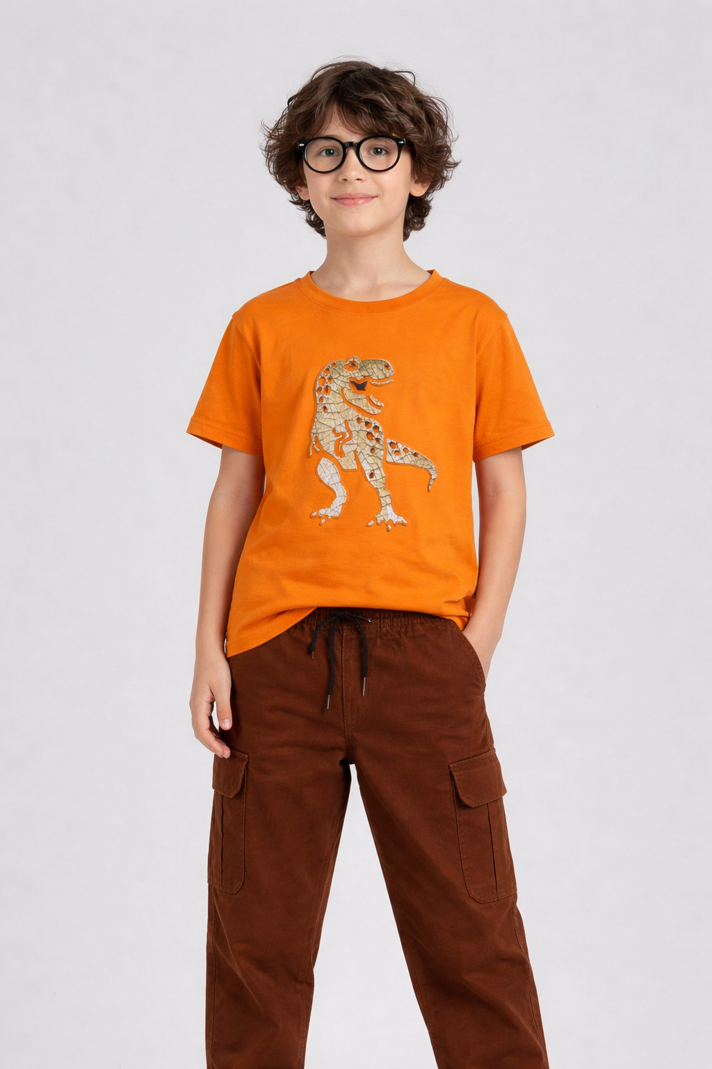 Dino Printed T Shirt with Brown Cargo Trouser