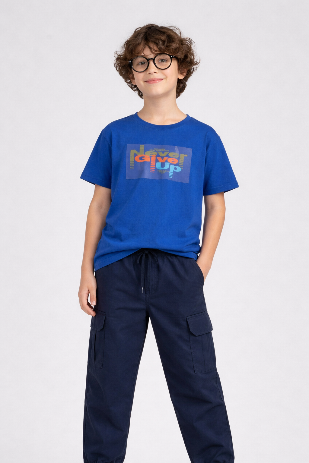 Never Give up Printed T Shirt with Navy Cargo Trouser