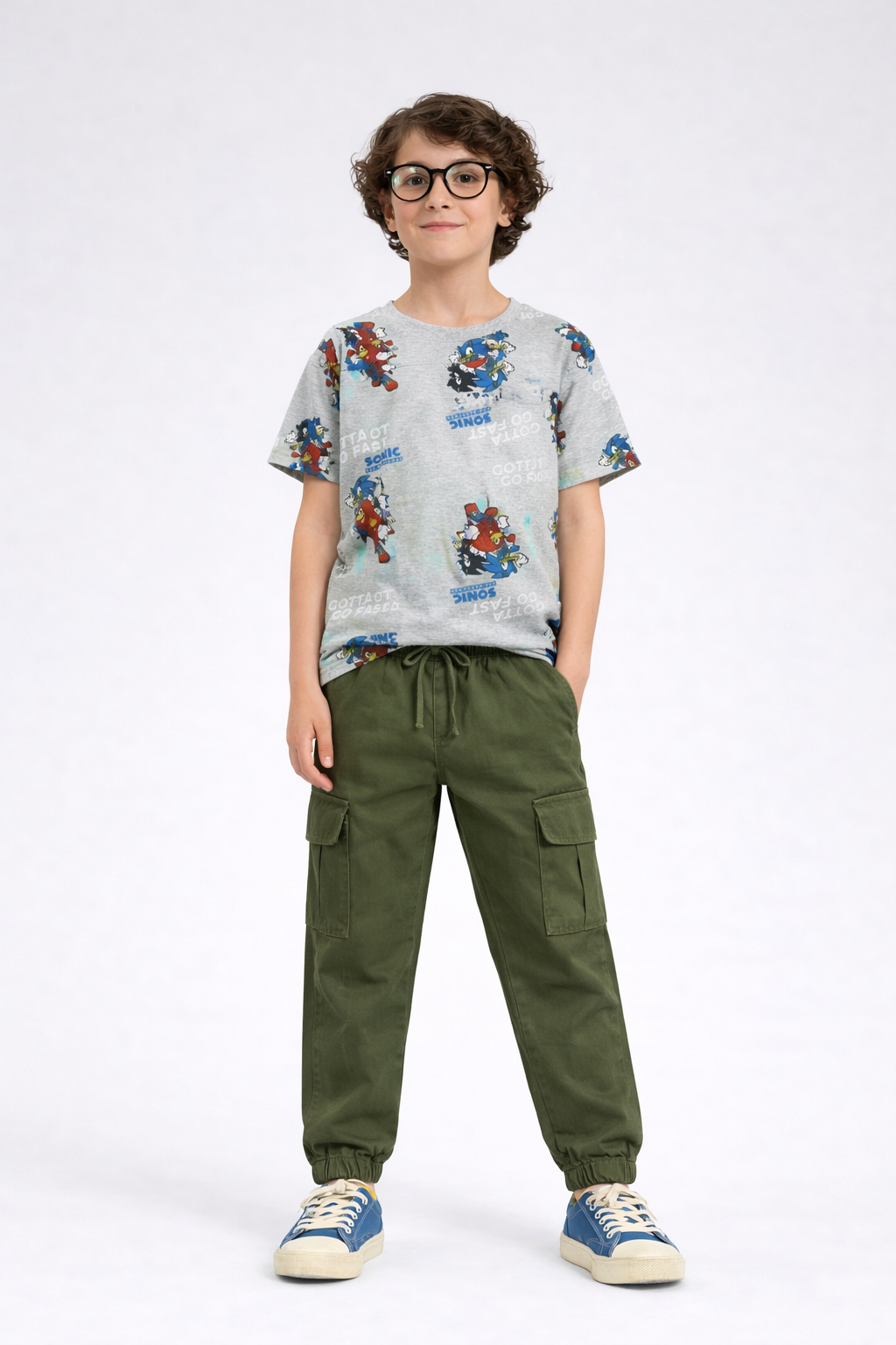 Sonic Printed T Shirt with Green Cargo Trouser