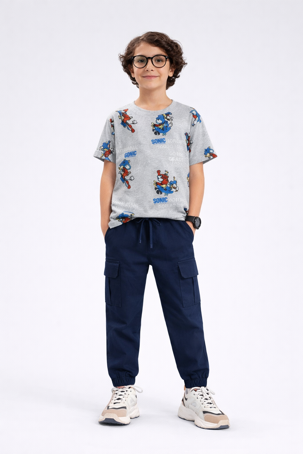Sonic Printed T Shirt with Navy Cargo Trouser