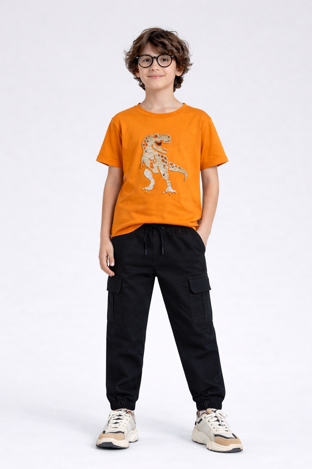 Dino Printed T Shirt with Black Cargo Trouser