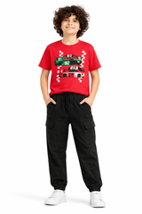 Car Printed Red Shirt with Black Cargo Trouser
