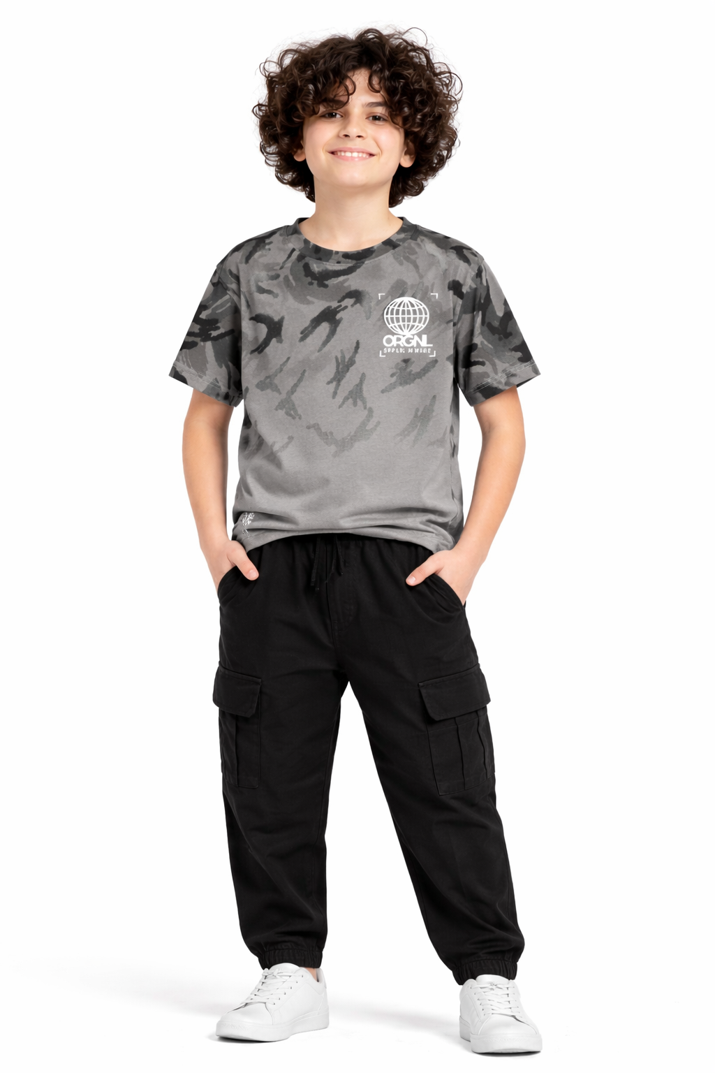 Camo Printed T Shirt with Black Cargo Trouser