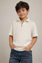 Kids Textured Half-Zip Polo Shirt – Off White