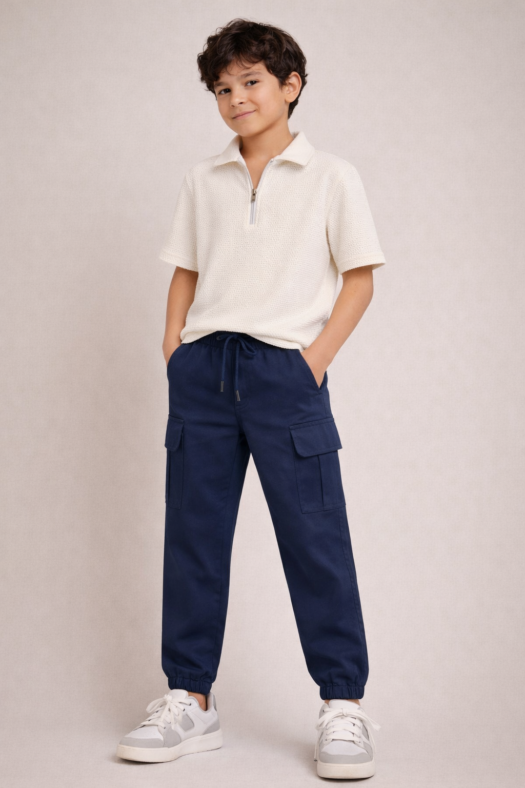 Kids Textured Half-Zip Polo Shirt – Off White with navy blue cargo