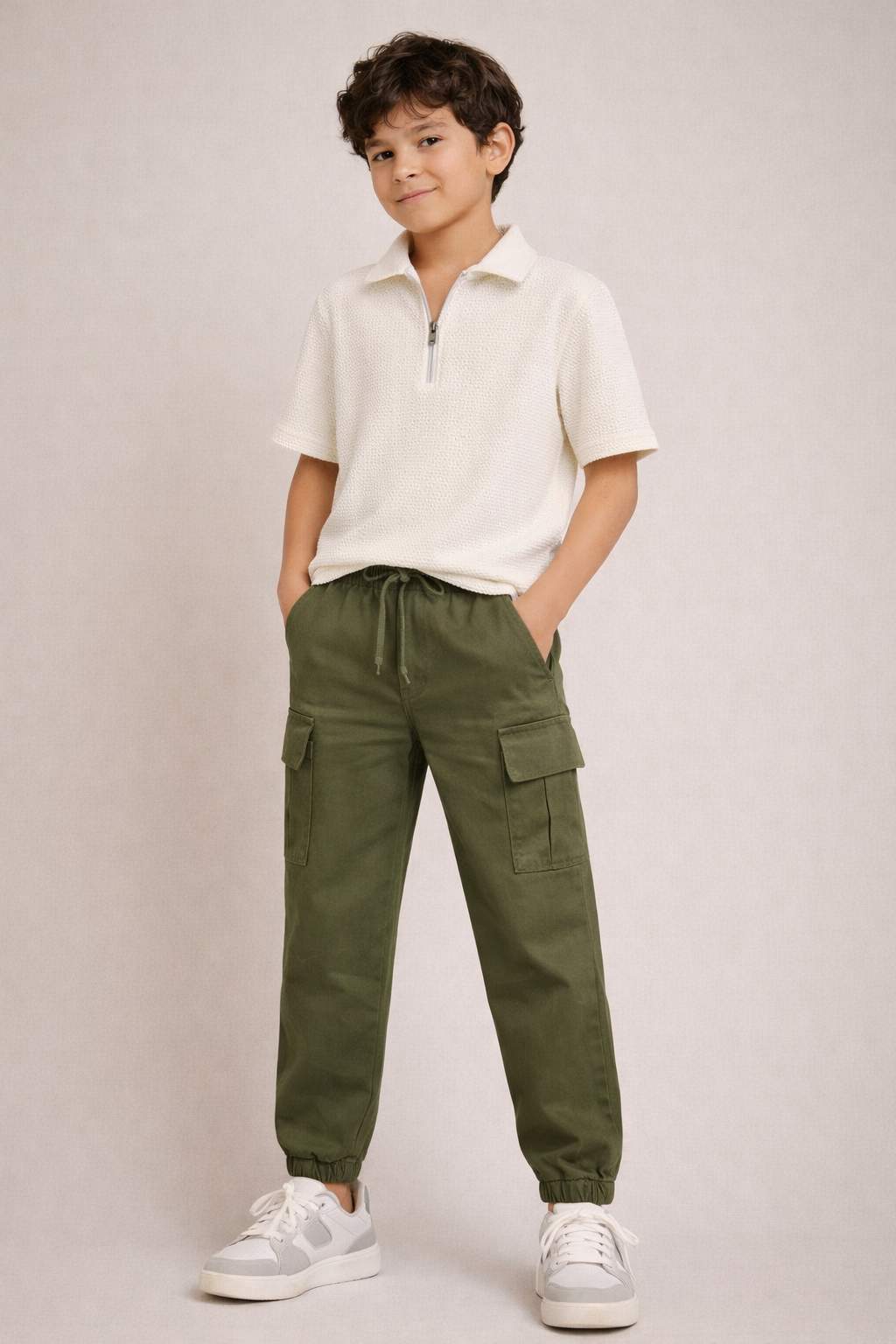 Kids Textured Half-Zip Polo Shirt – Off White with olive green cargo