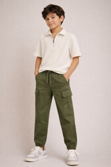 Kids Textured Half-Zip Polo Shirt – Off White with olive green cargo